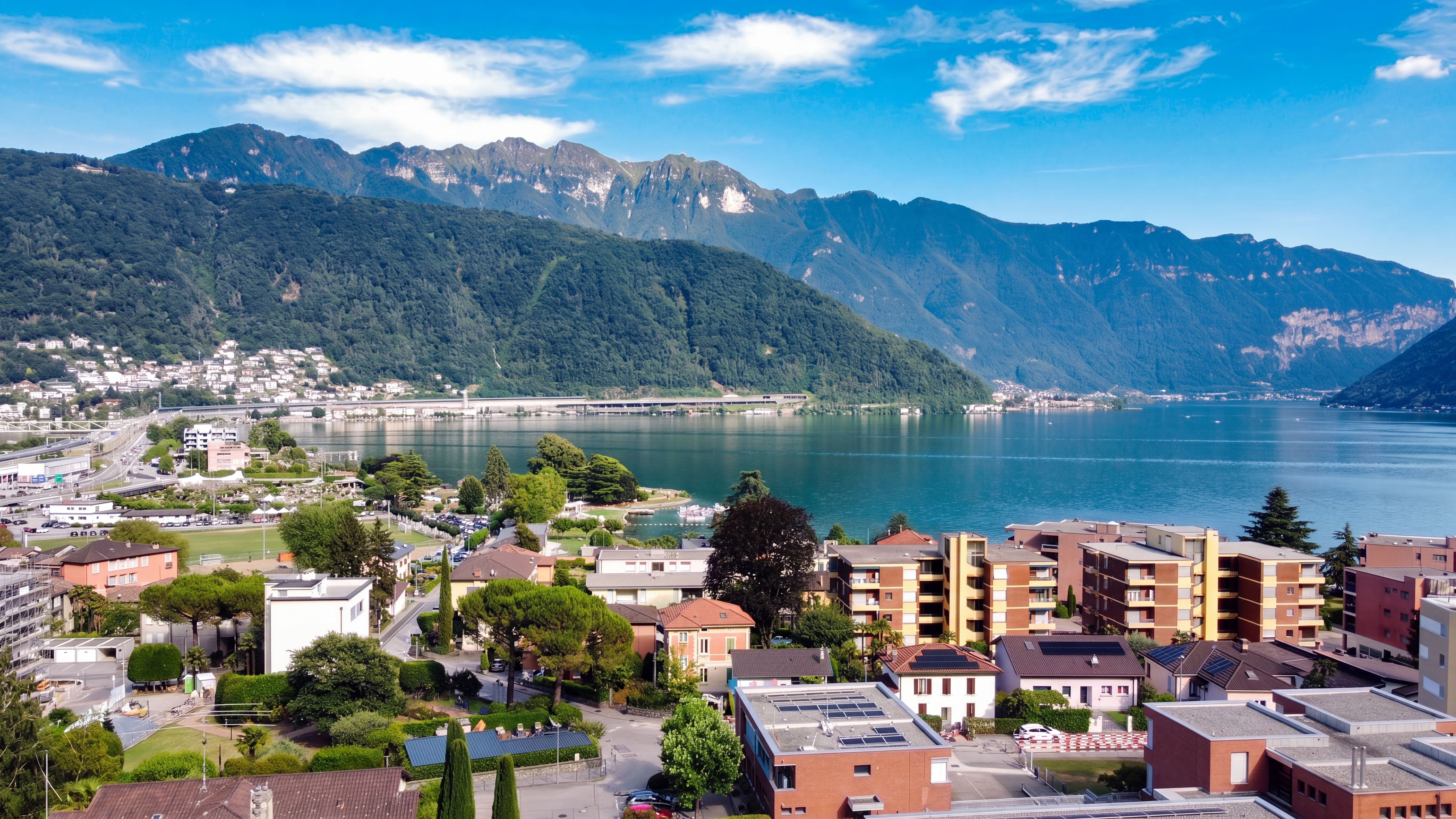 Panoramic view across Melide and Lake Lugano